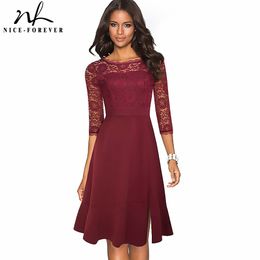 Nice-forever Vintage Pure Colour with Floral Lace Patchwork Side Split Dresses Cocktail Party A-Line Women Flared Dress A225 210419