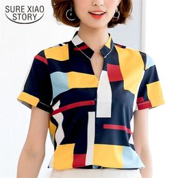 fashion woman blouses short sleeve Chiffon women shirt striped v-neck office womens tops and 3521 50 210506