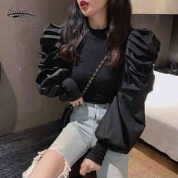 O Neck Puff Long Sleeve Design Blouse Women Spring Korean Shirt Autumn Knitted Patchwork Slim Fit Tops Blusas 12910 210508