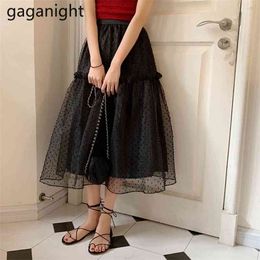 Korean Summer Solid Elastic High Waist Black Slim Skirts Loose Sweet Girls All Match Fairy Skirt A-Line Mesh 210601