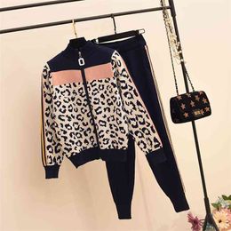 Autumn Winter Tracksuit Women Leopard Print Zipper Cardigans Pants 2pcs Fashion Hit Color Slim Jumper Trousers Set 210819