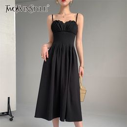Black Elegant Sling Dress For Women Square Collar Sleeveless High Waist Ruched Slim Dresses Female Summer 210520