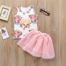 Summer Infant Rompers Clothes Sleeveless Print Tops Bow Pink Skirt Baby Girls Costume 6M-4T 210629