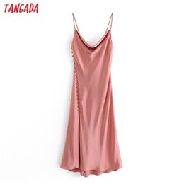 Tangada women pink satin side buttons party dress strap adjust females midi dresses vestidos QN35 210409