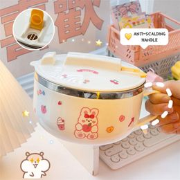 W&G Kawaii Lunch Box Set Pot Belly Cute Instant Noodle Bowl with Lid Handle 304 Stainless Steel Bento for Kids 220217
