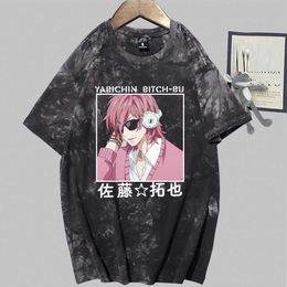 Anime Yarichin Club Fashion Short Sleeve Round Neck Tie Dye T-shirt Y0809