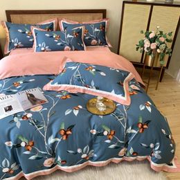 Bedding Sets Deep Blue Pastoral Set Floral Style Satin Egyptian Cotton Linen Grils Soft Duvet Cover Bedspread