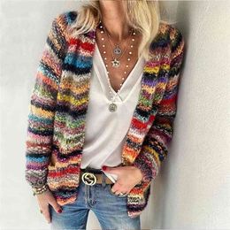 Women Elegant Multicolor Print Knitted Cardigans Sweater Autumn Winter Long Sleeve Coat Tops Ladies Casual Pocket Sweaters 210917