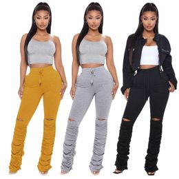 Autumn High Waist Drawstring Sweatpants Womens Stacked Pants Winter Clothes Woman Hole Skinny Casual Plus Size Trouses Mujer 210604