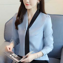 Korean Women Shirt Chiffon Blouses for Long Sleeve Shirts Tops Woman Ribbon Beading Blouse V Neck White XXL 210604