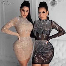 Ladies Summer Sexy Long Sleeve Mesh Beaded Glittering Black Khaki Bodycon Dress Elegant Party Vestidos 210527