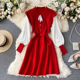 Ruffles Long Lantern Sleeve Color Contrast Stitch Knit Sweater High Waist A Line Bow Vestido Pull Femme Autumn Mini Dress 210416