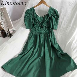 Kimutomo Chic Bubble Sleeve Square Collar Solid Dress Women Summer Bead Bow Back Korean A-line Elegant Vestidos Female 210521