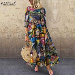 Autumn Summer DrWomen Vintage Vestidos ZANZEA 2021 Pleated Printed Long Maxi Dresses Tunic Party Femme 3/4 Sleeve Plus Size X0529