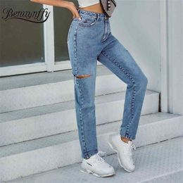 Korean Casual Fashion Ripped Jeans Woman High Quality Denim Straight Pants Boyfriend Waist Autumn Winter 210510