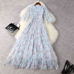 HIGH STREET est Designer Fashion Half Sleeve Floral Gauze Ruffle Long Dress 210521