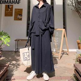 DIMANAF Set Suit Women Clothing Oversize 2 Piece Set Casual Long Sleeve Button Shirts Pockets Loose Long Pants Suit Solid Black 210819