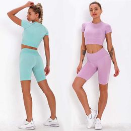 2Pcs Women Sport Suit Gym Set Crop Top SeamlShorts Push Ups Workout Running Clothing Gym Wear Athletic Sportsuit Yoga Set X0629