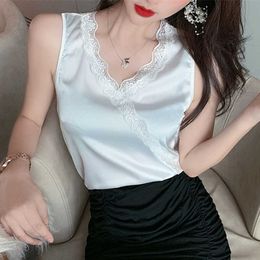 Korean Silk Women Tops V Neck Satin Blouse Woman Sleeveless Lace s Plus Size Elegant White 210604