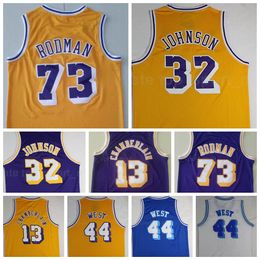 Men Vintage Basketball Dennis Rodman Jersey 73 Wilt Chamberlain 13 Jerry West 44 Johnson 32 Purple Yellow White All Stitched