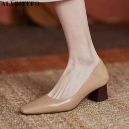 ALLBITEFO soft natural genuine leather women heels shoes fashion leisure thick heel high heel shoes office work shoes high heels 210611