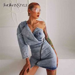 Sexy Denim Asymmetrical Dresses Female Irregular Collar Long Sleeve High Waist Mini Summer Dress Women Clothes 210520