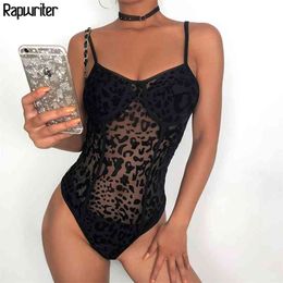 Perspective Mesh Vintage Leopard Sexy Bodysuits Women V Neck Sleeveless Bodycon Sheer Open Crotch Summer Bodysuit 210510