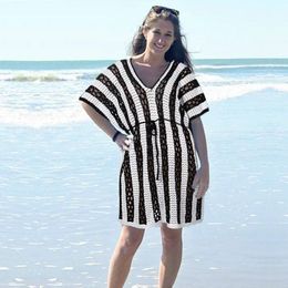 Women's Sexy Hollow Out Striped Dress Backless V-Neck Bikini Smock Loose Short Sleeve Sunscreen Clothes Vacation Beach Wear Swimwear