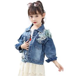 Girls Denim Jacket Flower Appliques Coats Lace Outerwear For Children Spring Autumn Kids Clothing 210528