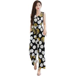 Women Jumpsuits Summer Chiffon Dot Printed High Waist Waistband Jumpsuit sleeveless Korean Version Wide Leg Pants 233A 210420