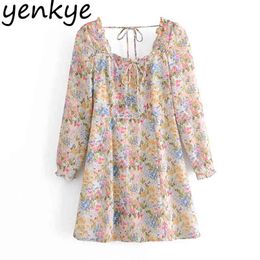 Holiday Summer Women Vintage Floral Print Sexy Backless Square Neck Long Sleeve A-line Chiffon Dress Short Vestido 210514