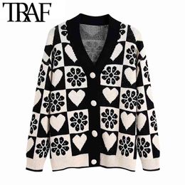 TRAF Women Fashion Jacquard Loose Knit Cardigan Sweater Vintage Long Sleeve Covered Buttons Female Outerwear Chic Tops 210914