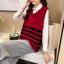 Knitted Wool Waistcoat Korean Version Loose V-neck Striped Sleeveless All-match Thin Sling Sweater Women 210427