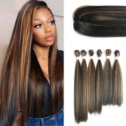 brown highlighted hair extensions UK - SOKU 6 Bundles Hair Weaving with Free Closure Synthetic Hair Extension Weave Ombre Brown Color Highlight Heat Resistant Fiber 220216