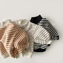 Kids Baby Girls Striped Sweatshirt Tops Autumn Winter New Thicken Warm High-neck Cotton Striped Hoodie Toddler Boys Tops 210413
