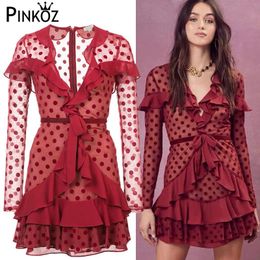 Casual Dot Patchwork Ruffles Dress For Women V Neck Long Sleeve High Waist A-line Mini es Sexy Club Party 210421