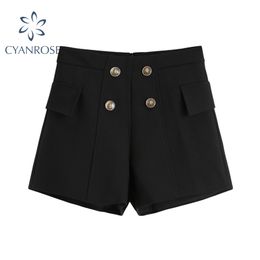 High Waist Short Pants Women Double Breasted Zipper Crop Trousers Korean Elegant Office Ladies Casual Wide Leg Black Pants 210417