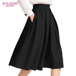 S.FLAVOR New Elegant Women Flared Pleated Skirts Fashion High Waist Solid Skirt With Pockets Casual Loose Skirt Faldas 210412