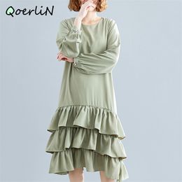O-neck Large Size Dress Women Summer Solid Green Vestidos Female Long Sleeve Loose Casual Cake Ruffles es 210601