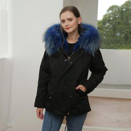 Women's Fur & Faux Factory Direct Sale Blue Lining Parka Raccoon Detachable Collar With Sashes