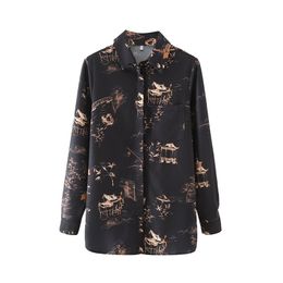 Vintage Women Black Print Shirts Fashion Ladies Turn Down Collar Tops Chinese Style Female Chic Pocket Blouses 210527