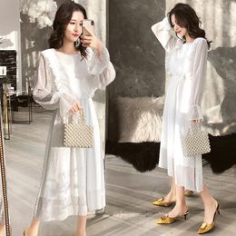 Ruffles Polka Dot Women Chiffon Dress Elastic Waist Flare Sleeve Female Long Vestidos A-line White Dress 210522