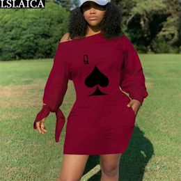 Long Sleeve Dresses Women Fashion Poker Print One Shoulder Solid Mini Woman Dress Casual Streetwear Plus Size Vestidos 210515