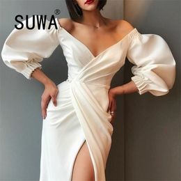Black White Classic Fashion Elegant Dresses For Women Casual Puff Sleeve Party And Wedding Gowns Annual Meeting Ladies 210525