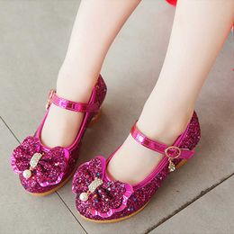 Girls single leather shoes spring and autumn girls sequin crystal high-heeled shoes princess bling shoes 210713