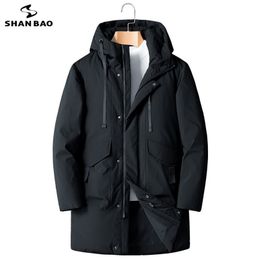SHAN BAO 5XL 6XL 7XL 8XL Men's Hooded Long Down Jacket Classic Brand Clothing Thick Warm Comfortable Casual Loose 90% Coat 211214