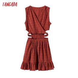 Tangada Women Embroidery Romantic Waist Hollow Cotton Dress V Neck Sleeveless Females Mini Dresses Vestidos 6H93 210609