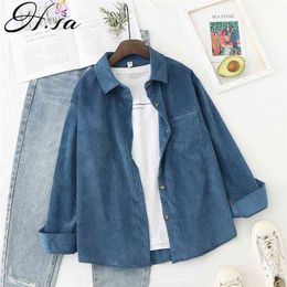 Retro Vinatge Women Casual Blouses and Tops Corduroy Shirts Spring Jackt Open Stitch blusas feminina Loose Shirt 210430