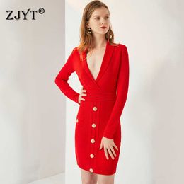Runway Elegant VNeck Long Sleeve Solid Button Sheath Bodycon Knit Sweater Dress Women Spring Autumn Sexy Cocktail Party Vestidos 210601