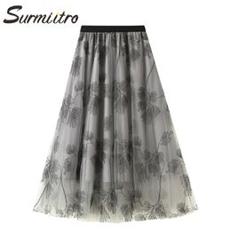 Spring Summer Long Tulle Skirt Women Korean Style Embroidery Mesh High Waist Aesthetic Midi Pleated Female 210421